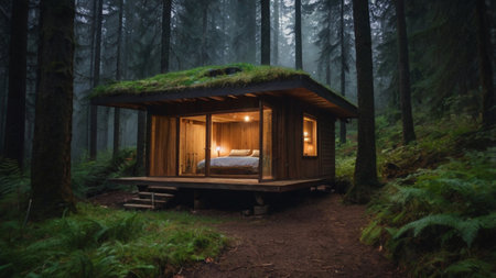 Wooden cottage in the forest at night with fog in the backgroundの写真素材