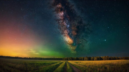 Milky Way over the field at night. Panoramic viewの写真素材