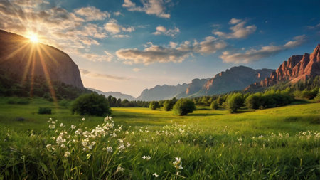 Beautiful spring landscape with meadow and mountains in the background.