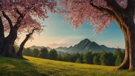Beautiful spring landscape with blooming sakura tree and mountains.の写真素材