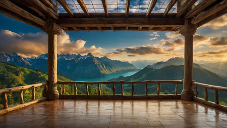 Beautiful panoramic view of mountain lake and wooden terrace.の写真素材