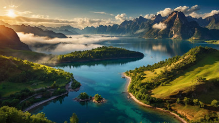 Panoramic view of beautiful alpine lake. Dramatic overcast sky. Beauty world. Artistic style post processed photo.の写真素材