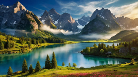 Fantastic alpine panoramic view of the lake in the mountains. Dramatic and picturesque scene. Location place Dolomites, Italy, Europe. Artistic style post processed photo. Beauty world.の写真素材