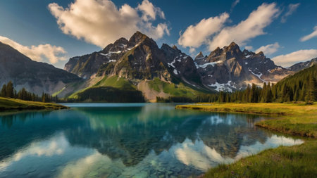 Panoramic view of the mountain lakeの写真素材