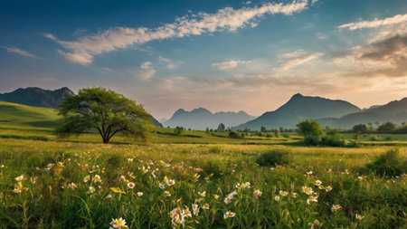 Landscape view of green meadow with yellow flowers and mountain background