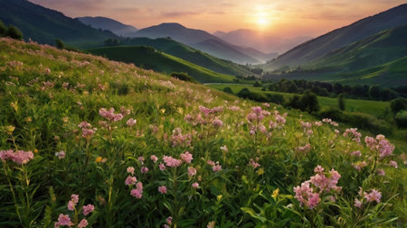 Beautiful landscape with alpine meadows and pink flowers at sunsetの写真素材