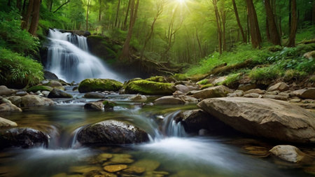 Waterfall in the green forest. Beautiful nature scene with long exposure