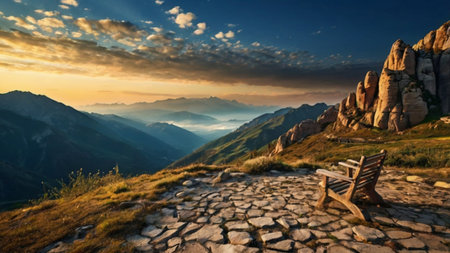 Sunset in the mountains. Beautiful landscape with bench and mountains.の写真素材