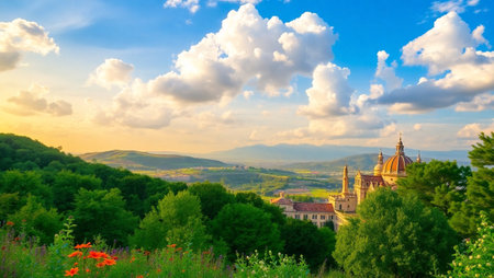Panoramic view of Tuscany, Italy, at sunsetの写真素材