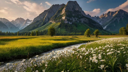 Panorama of a mountain river and meadow with white flowers.の写真素材