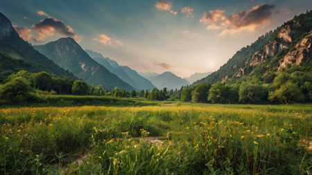 Beautiful summer landscape with meadow and mountains in the background.の写真素材