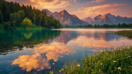 Beautiful lake in the mountains at sunset. Landscape with a mountain lake.の写真素材