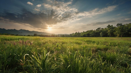 sunset over rice field with mountain background in countryside of thailandの写真素材