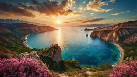 Amazing sunset over the sea coast. Colorful summer landscape. Crimea, Ukraine, Europe. Beauty world.の写真素材