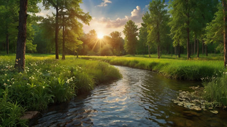 Sunset over a small river in the forest. Landscape.の写真素材