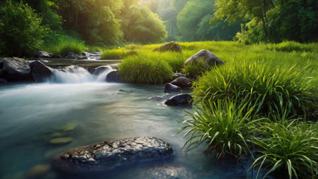 Mountain stream in the forest. Nature landscape with a waterfall.