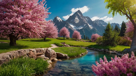 Beautiful spring landscape with blooming sakura flowers and mountains.