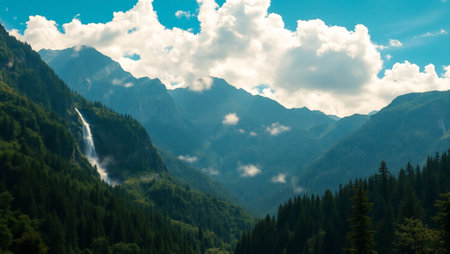 Panoramic view of the mountains and a waterfall in the clouds