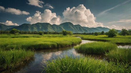 Landscape of rice fields and mountains under blue sky with clouds.