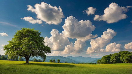 Green meadow with big tree and blue sky with clouds. Nature backgroundの写真素材