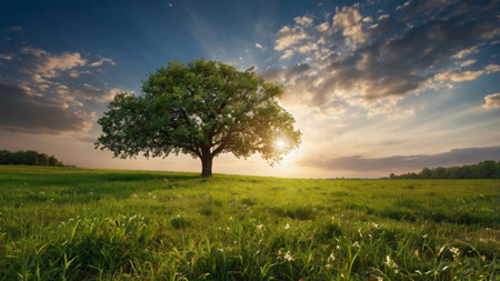 Lonely tree in the meadow at sunset. Nature backgroundの写真素材