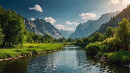 Beautiful summer landscape with river and mountains. Panoramic view