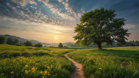 Beautiful summer landscape with blooming meadow and lonely tree.の写真素材