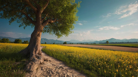 Panoramic view of a field of yellow flowers and old tree