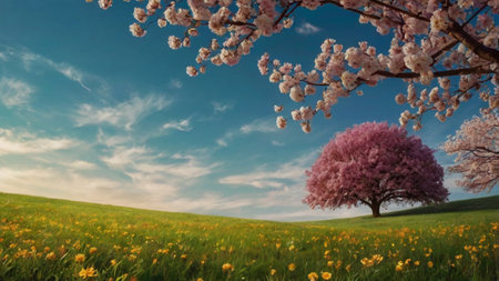 Cherry blossom tree on a meadow with daffodilsの写真素材