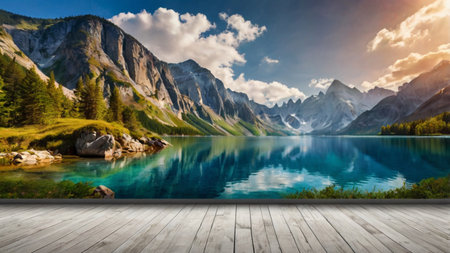 Beautiful lake in the mountains. Landscape with wooden floor.の写真素材