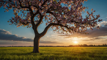 Beautiful blooming tree in the meadow at sunset. Spring landscape.の写真素材