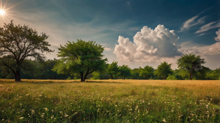 Beautiful summer landscape with meadow and blue sky with clouds.の写真素材