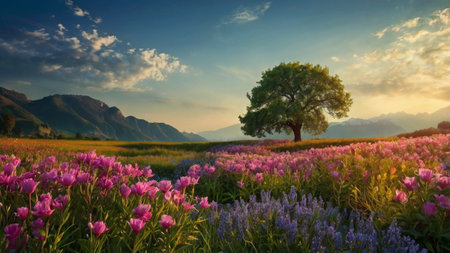 Beautiful spring landscape with blooming meadow and lonely tree.の写真素材