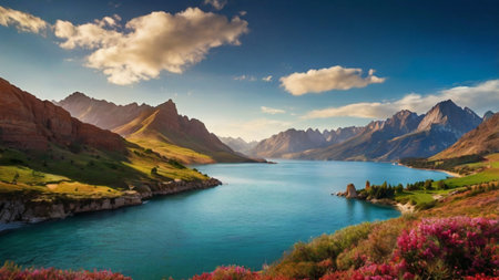 Panoramic view of Lake Wakatipu in South Island, New Zealandの写真素材