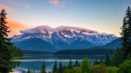 Sunset at Lake Louise, Banff National Park, Alberta, Canadaの写真素材