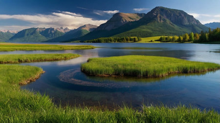 Panorama of mountain lake with green grass and reflection in water.の写真素材