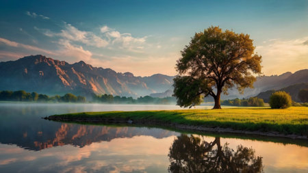 Landscape with a lonely tree on the bank of a mountain lakeの写真素材