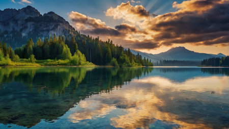 Mountain lake with reflection in the water. Dramatic sky.
