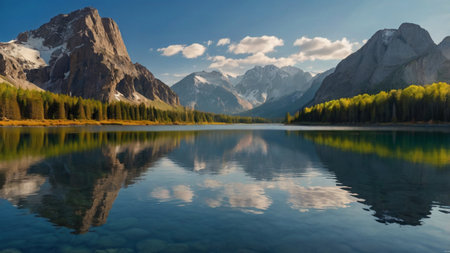 Mountain lake with reflection of snow-capped peaks in the water