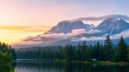 Sunset over Emerald Lake in Banff National Park, Alberta, Canadaの写真素材
