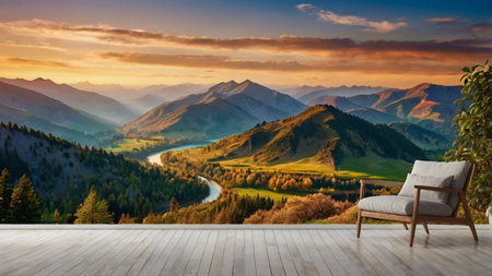 Wooden terrace with view on mountain landscape at sunset. 3D rendering