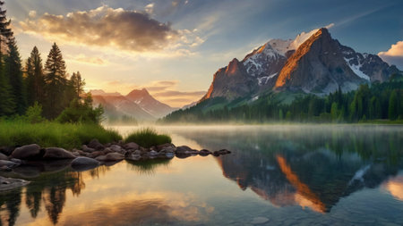 Mountain lake in the Dolomites at sunrise, Italy.の写真素材