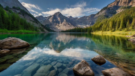 Beautiful alpine lake in the mountains. Mountain lake with reflection of the mountains.の写真素材