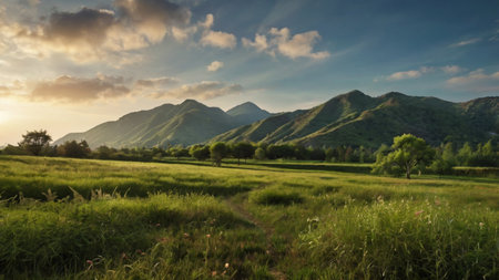 Beautiful sunset over a green field and mountains in the background.