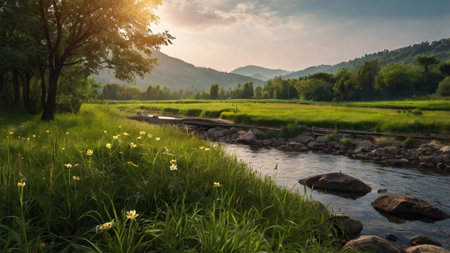 Beautiful summer landscape with mountain river and green meadow at sunsetの写真素材