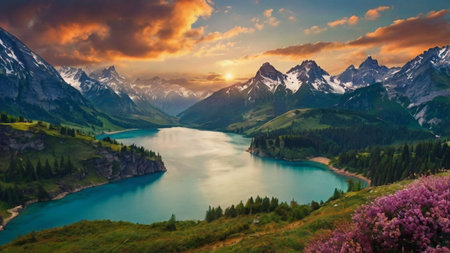 Mountain lake at sunset. Beautiful summer landscape. Panorama.の写真素材
