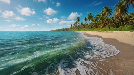 Panorama of a beautiful tropical beach with palm trees and blue sky