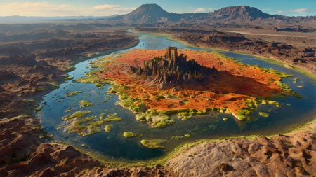 Fantasy alien planet. Mountain and lake. 3D illustration.の写真素材