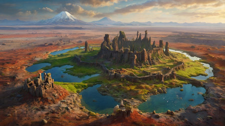 Fantasy alien planet. Mountain and lake. 3D illustration.の写真素材