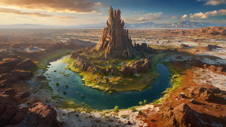 Fantasy alien planet. Mountain and lake. 3D illustration.の写真素材